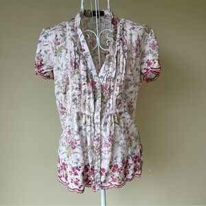 Zendra button up flower print eyelet top scallop hem embroidered size 44/M